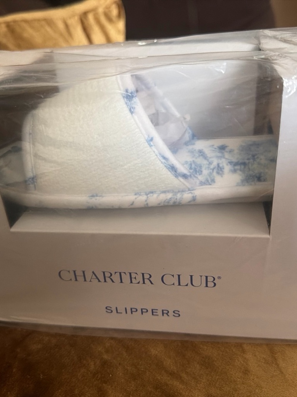 Charter Club White Slippers with Blue Marble Trim